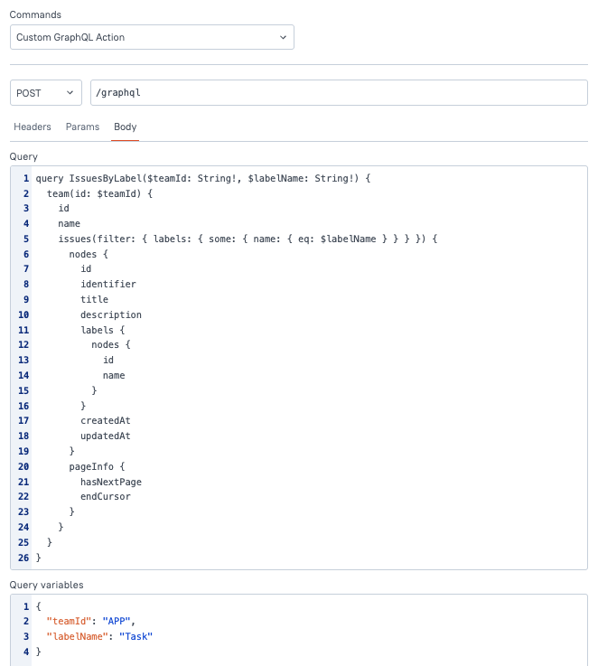 Linear custom action example showing POST and graphql settings